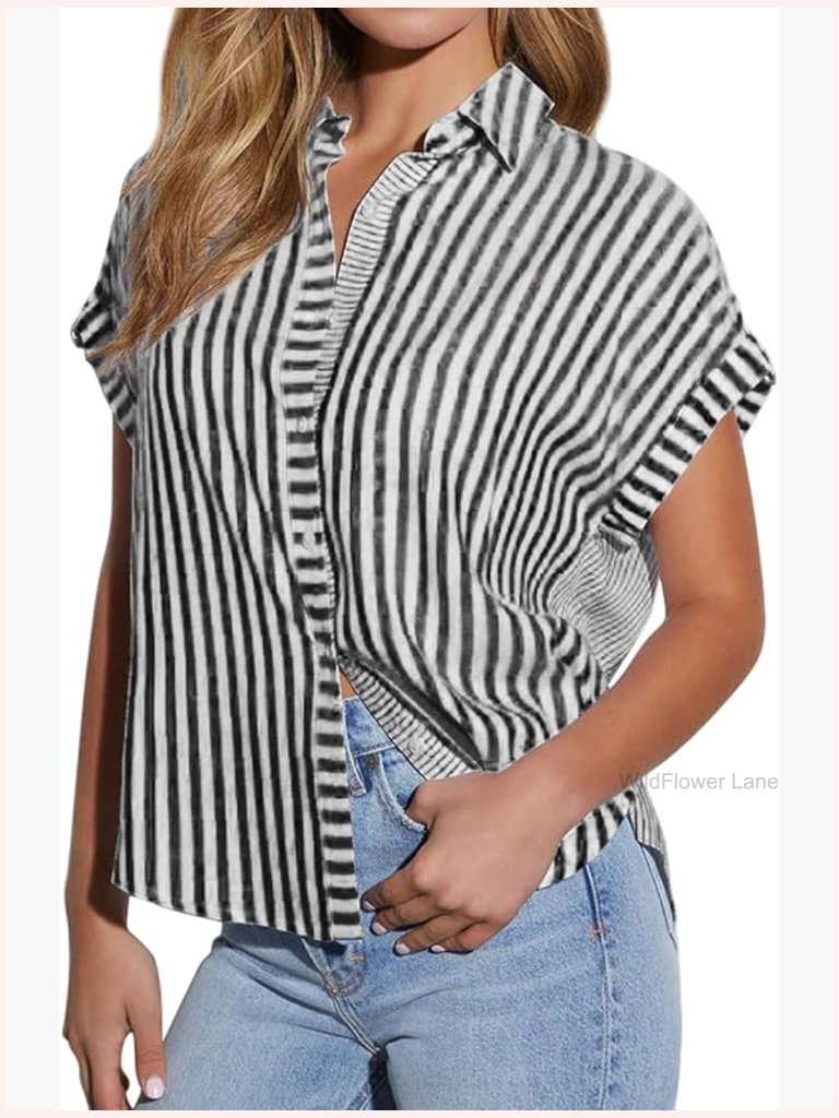 Cap Sleeve Striped Button Down Shirt Loose Fit Work Blouse